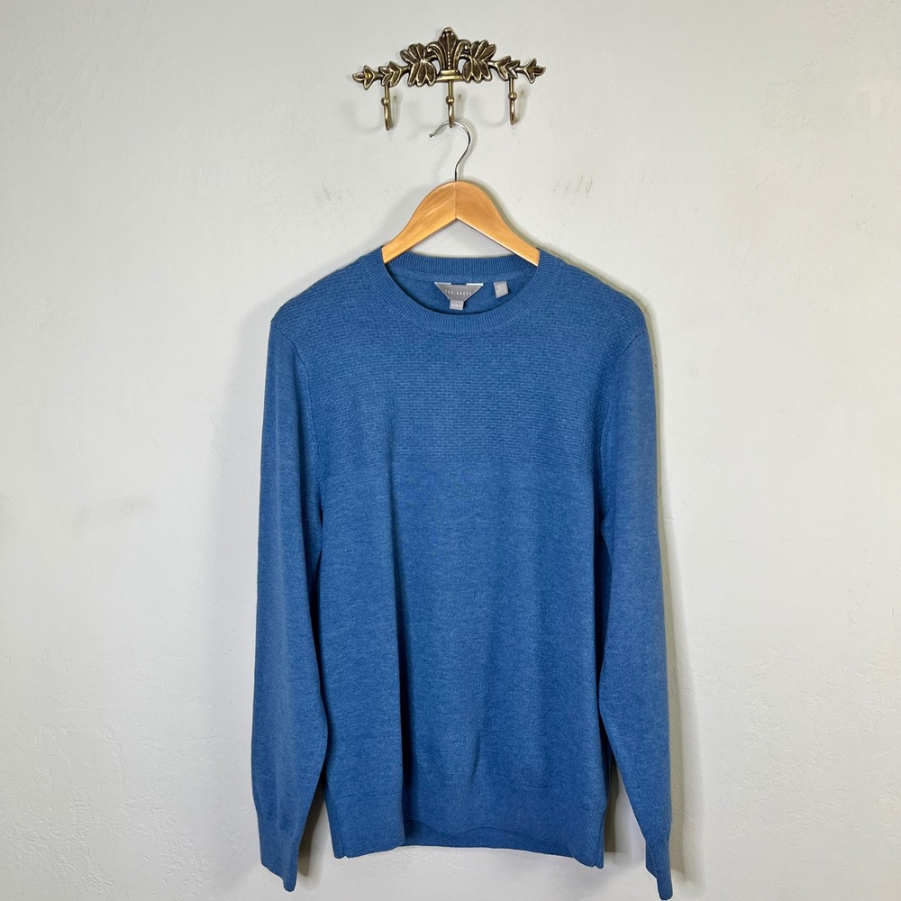 Ted Baker Crew Neck Sweater Mens Size Medium Blue Textured Knit Pullover Wool